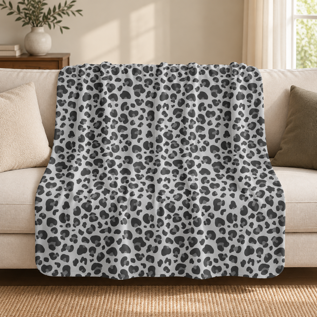 Grey leopard print sherpa blanket draped over a couch in a living room