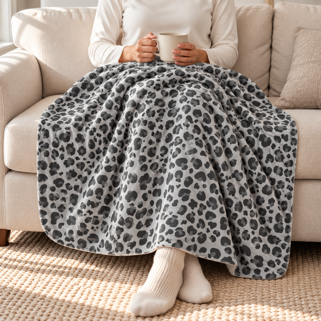Person relaxing under a grey leopard print sherpa blanket