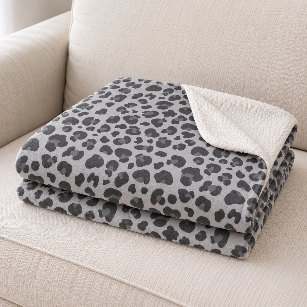 Close-up of the grey leopard print sherpa blanket folded on a couch, showing the rosette print and the white sherpa edge