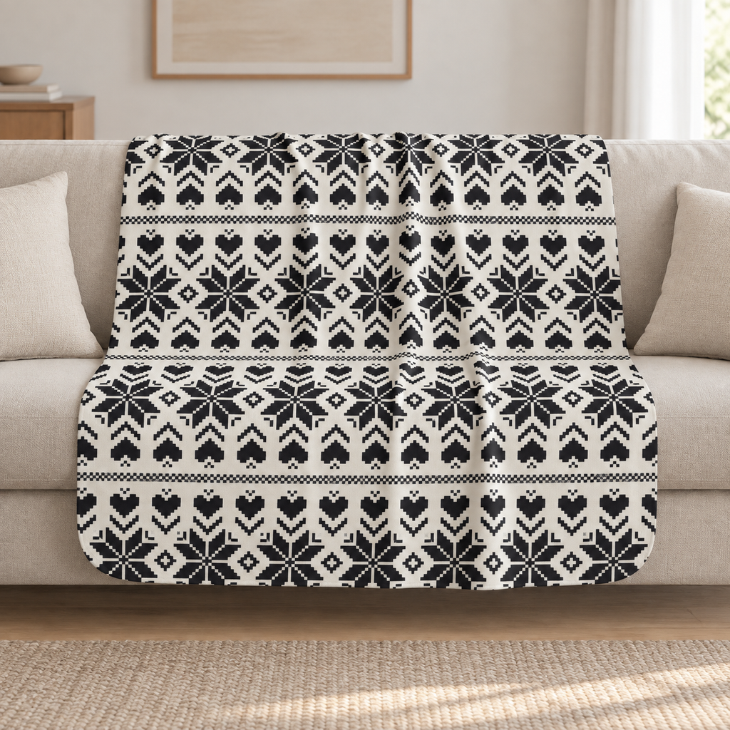 Grey Nordic Star Christmas Sherpa Blanket draped over a cream sofa in a living room
