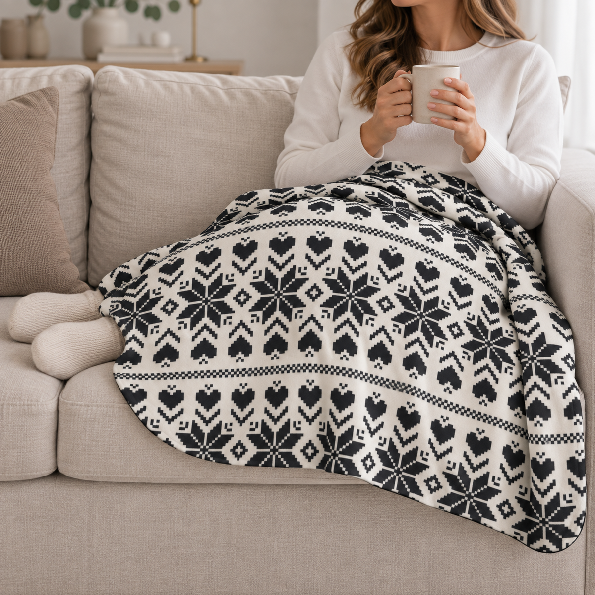 Person relaxing on a couch under the Grey Nordic Star Christmas Sherpa Blanket