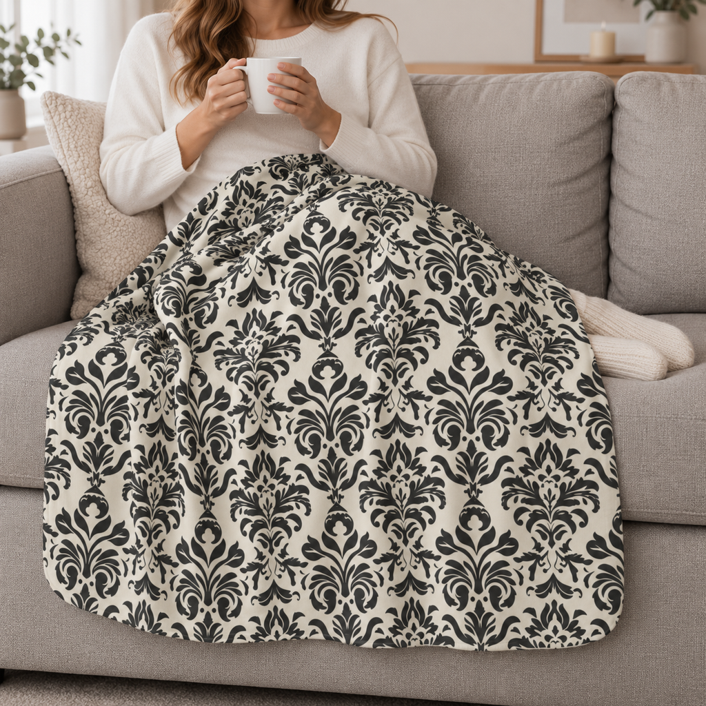 Person relaxing on a couch under the Grey Tapestry Sherpa Blanket