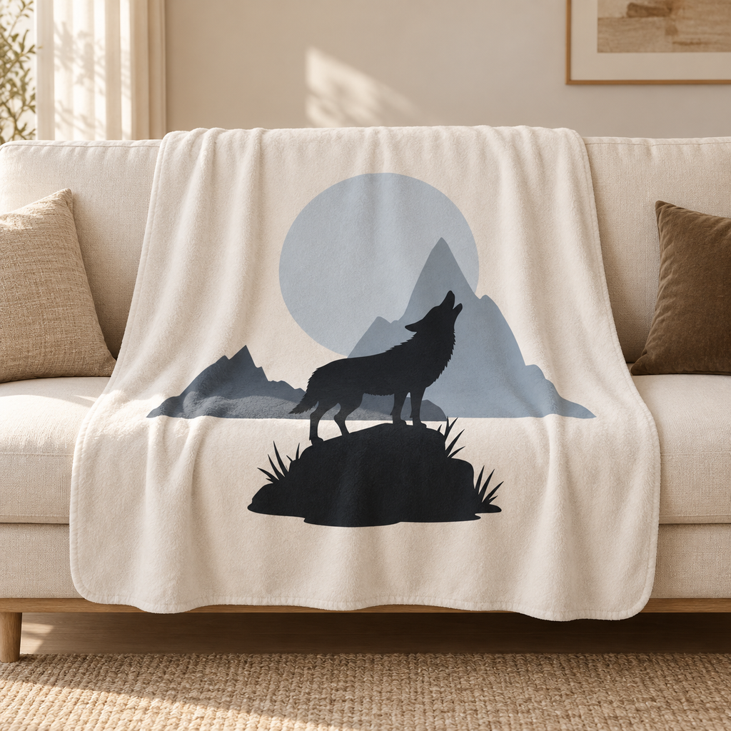 Grey wolf sherpa blanket draped over a cream sofa in a living room