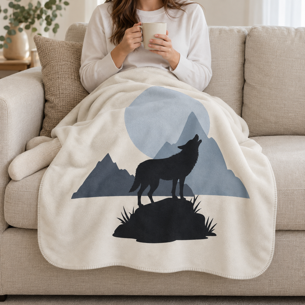 Person relaxing on a couch under the grey wolf sherpa blanket