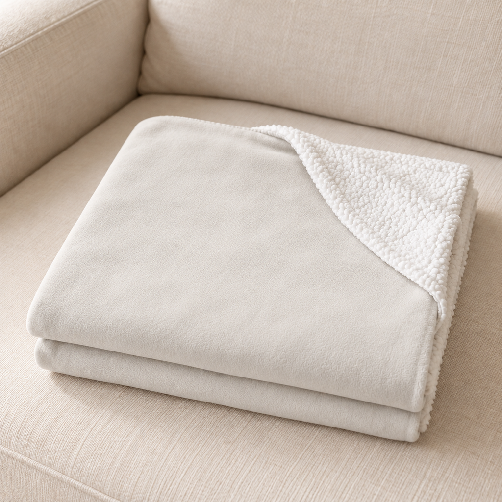 Close-up of the folded grey wolf sherpa blanket showing the sherpa back