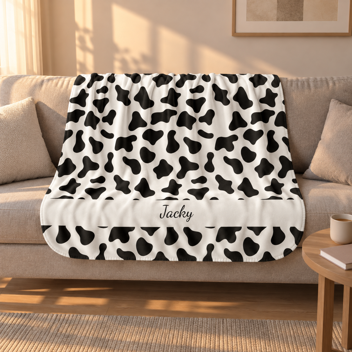 Personalized black and white cow print sherpa blanket with name, draped over a couch