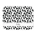 Personalized black and white cow print sherpa blanket with name, front view with name band