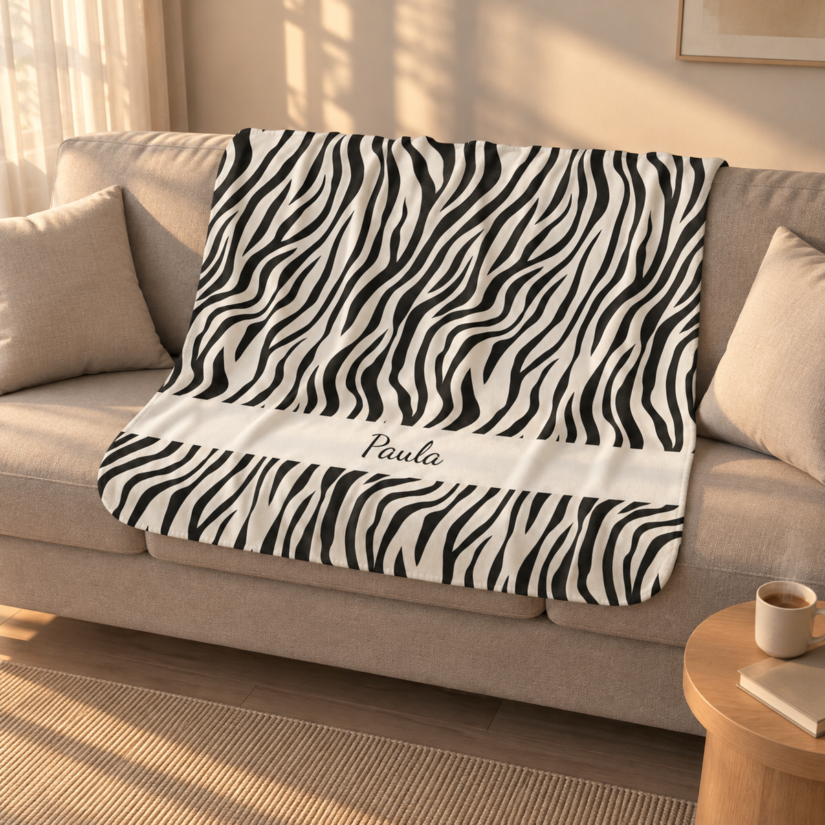 Personalized black and white zebra print sherpa blanket with name, draped over a couch