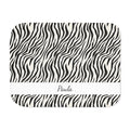 Personalized black and white zebra print sherpa blanket with name, front view with name band