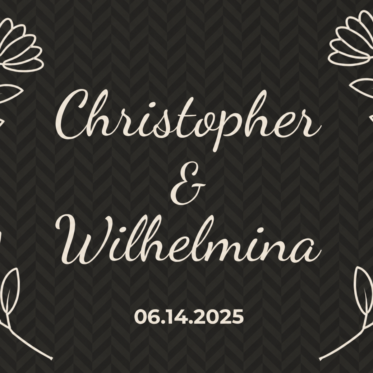 Personalized black sherpa blanket with two names and a date, close-up of the two names and a date on the herringbone weave