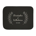 Personalized black sherpa blanket with two names and a date, front view with two names and a date