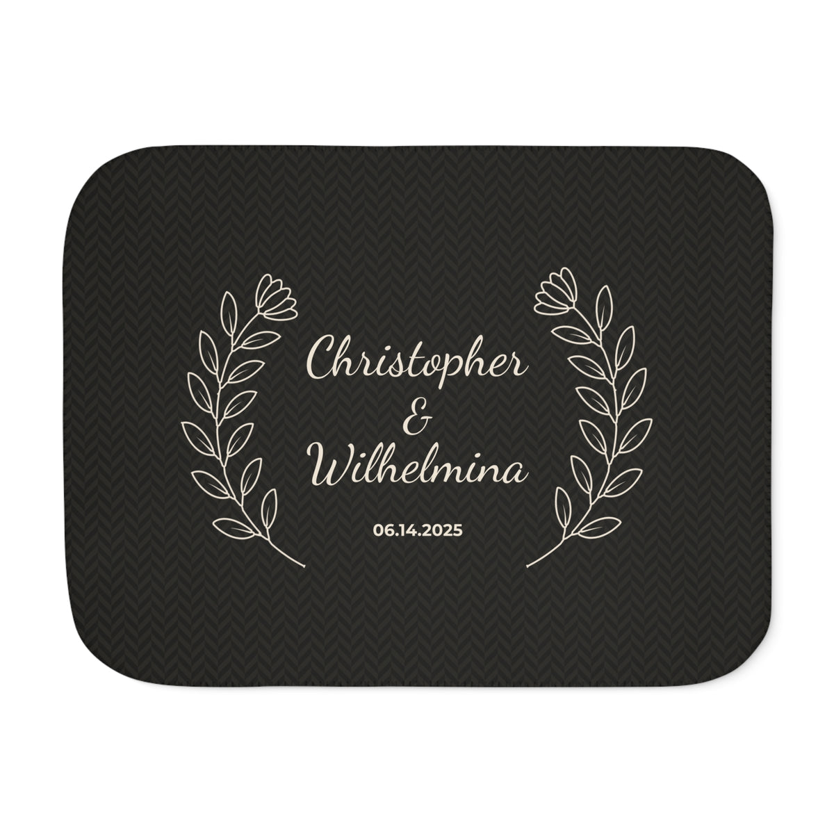 Personalized black sherpa blanket with two names and a date, front view with two names and a date