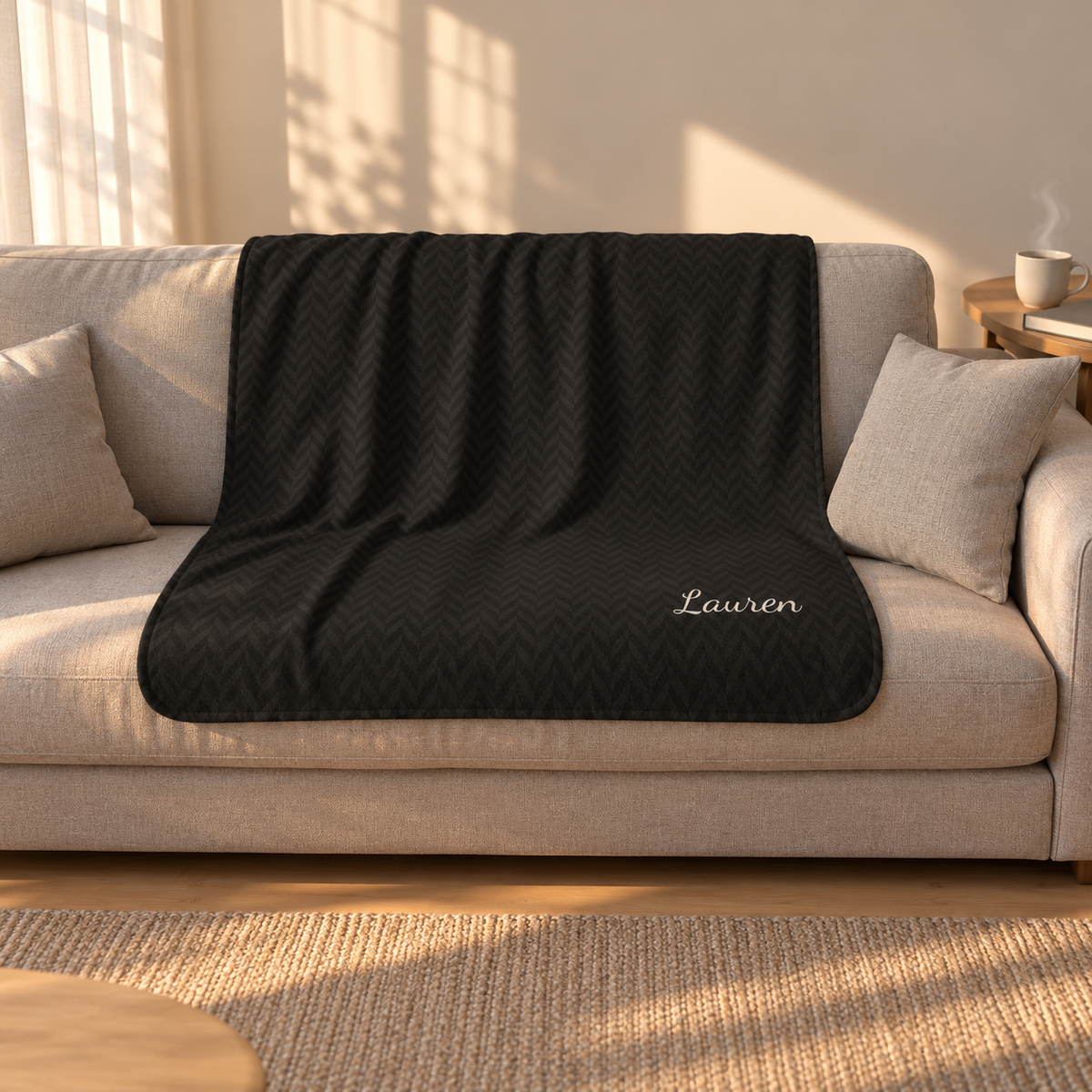 Personalized black sherpa blanket with name, draped over a couch