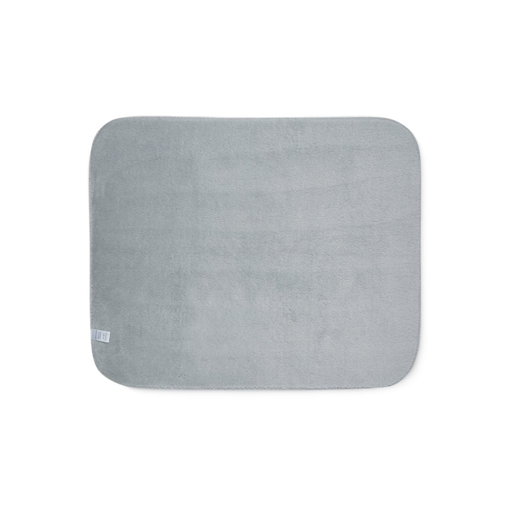 Personalized blue baby blanket with name and a bee, grey sherpa fleece back