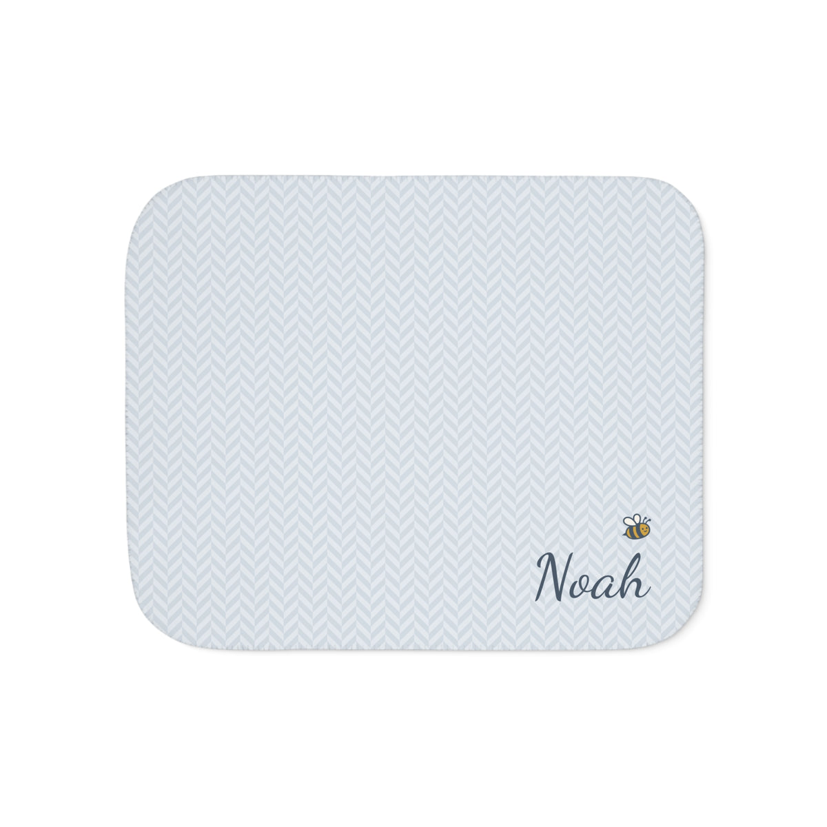 Personalized blue baby blanket with name and a bee, front view with name and bee