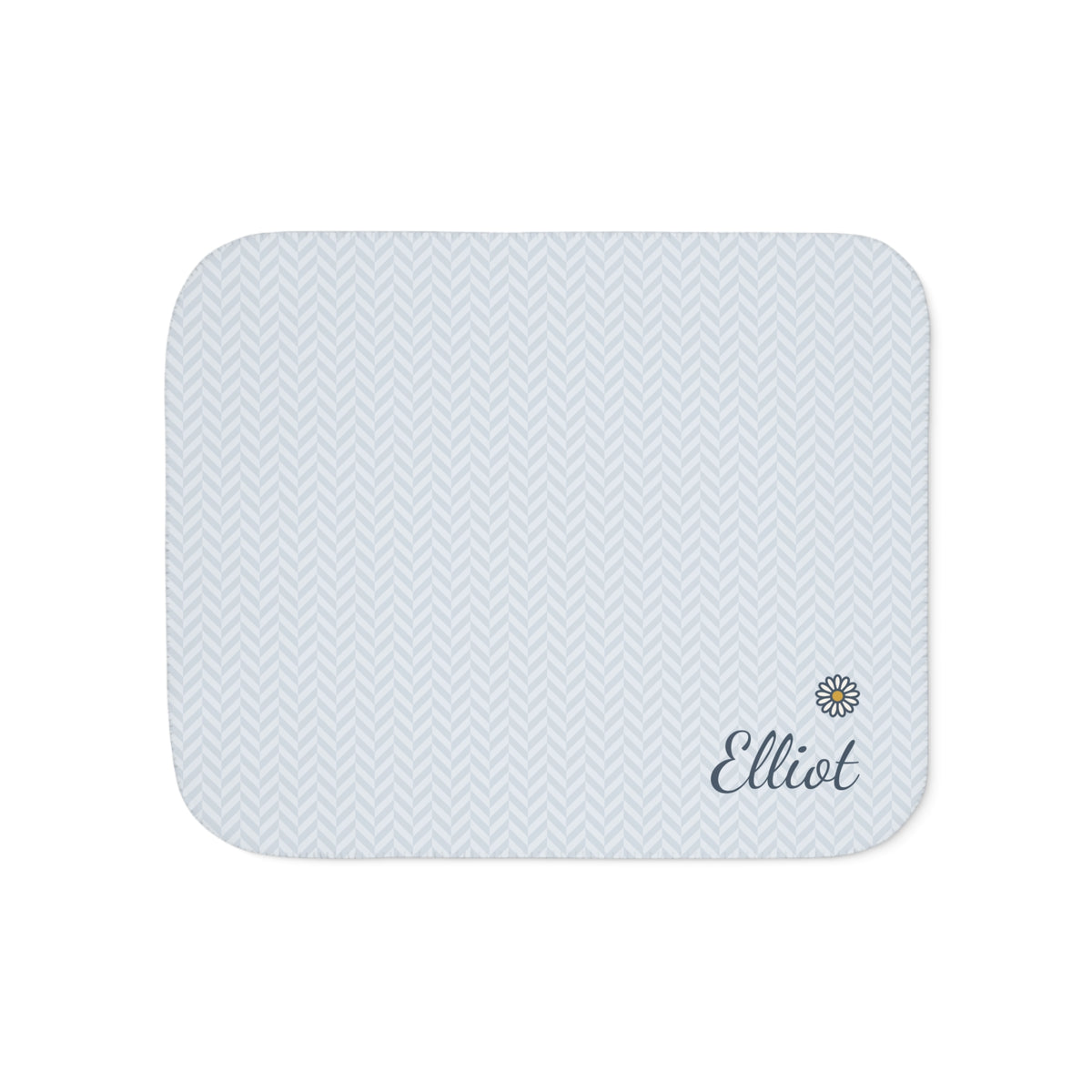 Personalized blue baby blanket with name and a flower, front view with name and flower