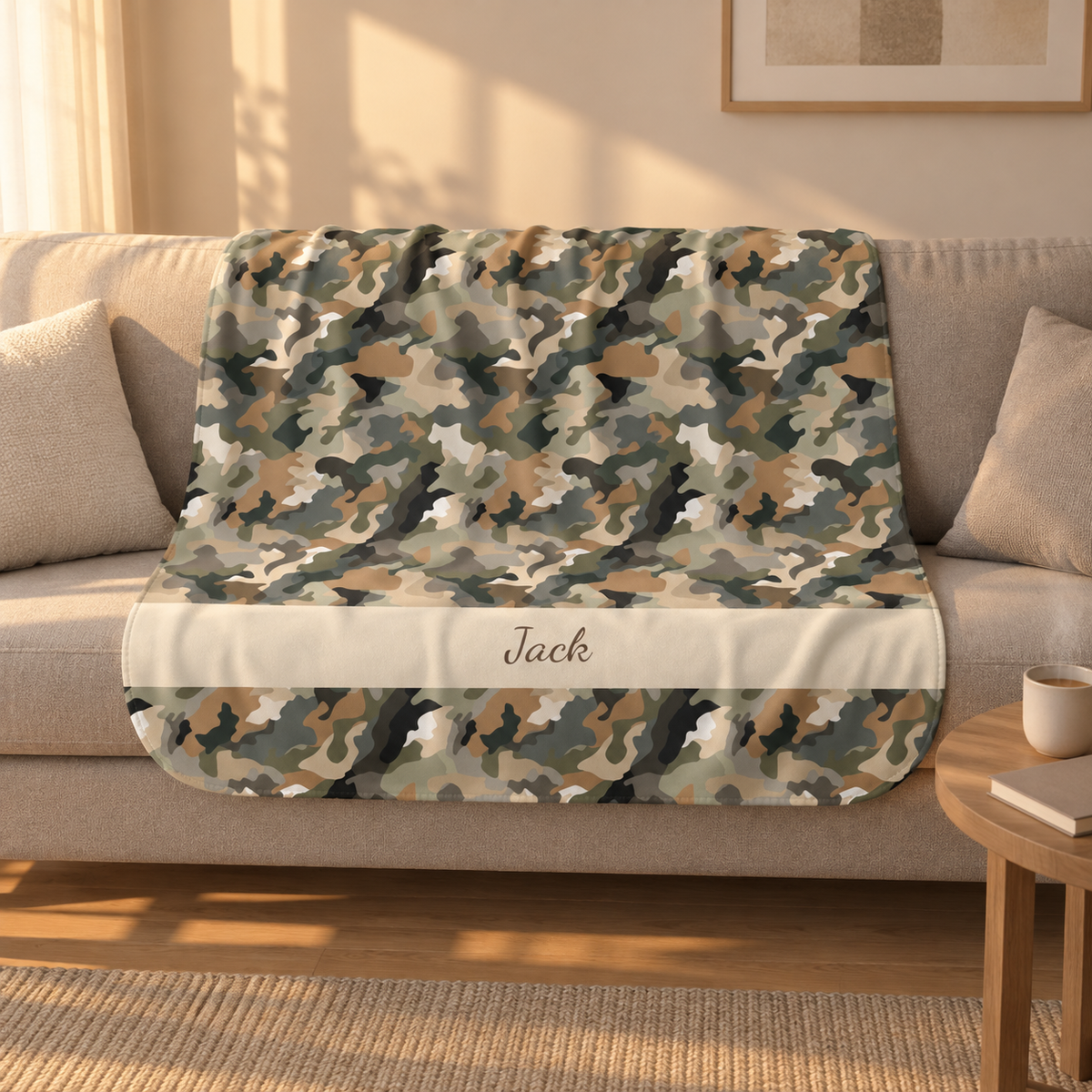 Personalized brown camo sherpa blanket with name, draped over a couch