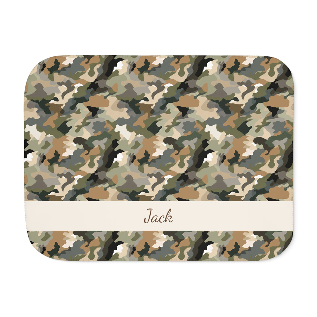Personalized brown camo sherpa blanket with name, front view with name band