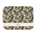 Personalized brown camo sherpa blanket with name, front view with name band