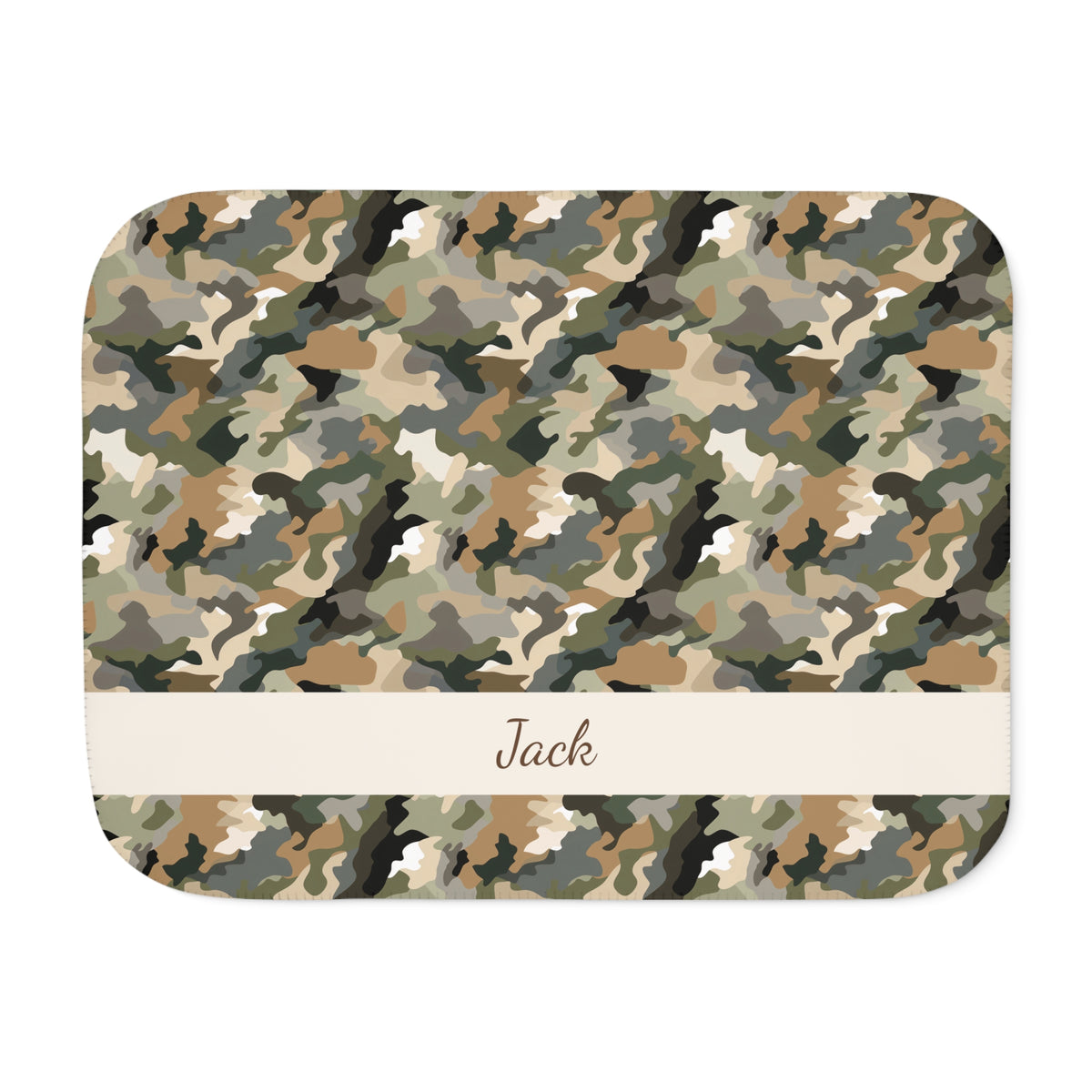Personalized brown camo sherpa blanket with name, front view with name band