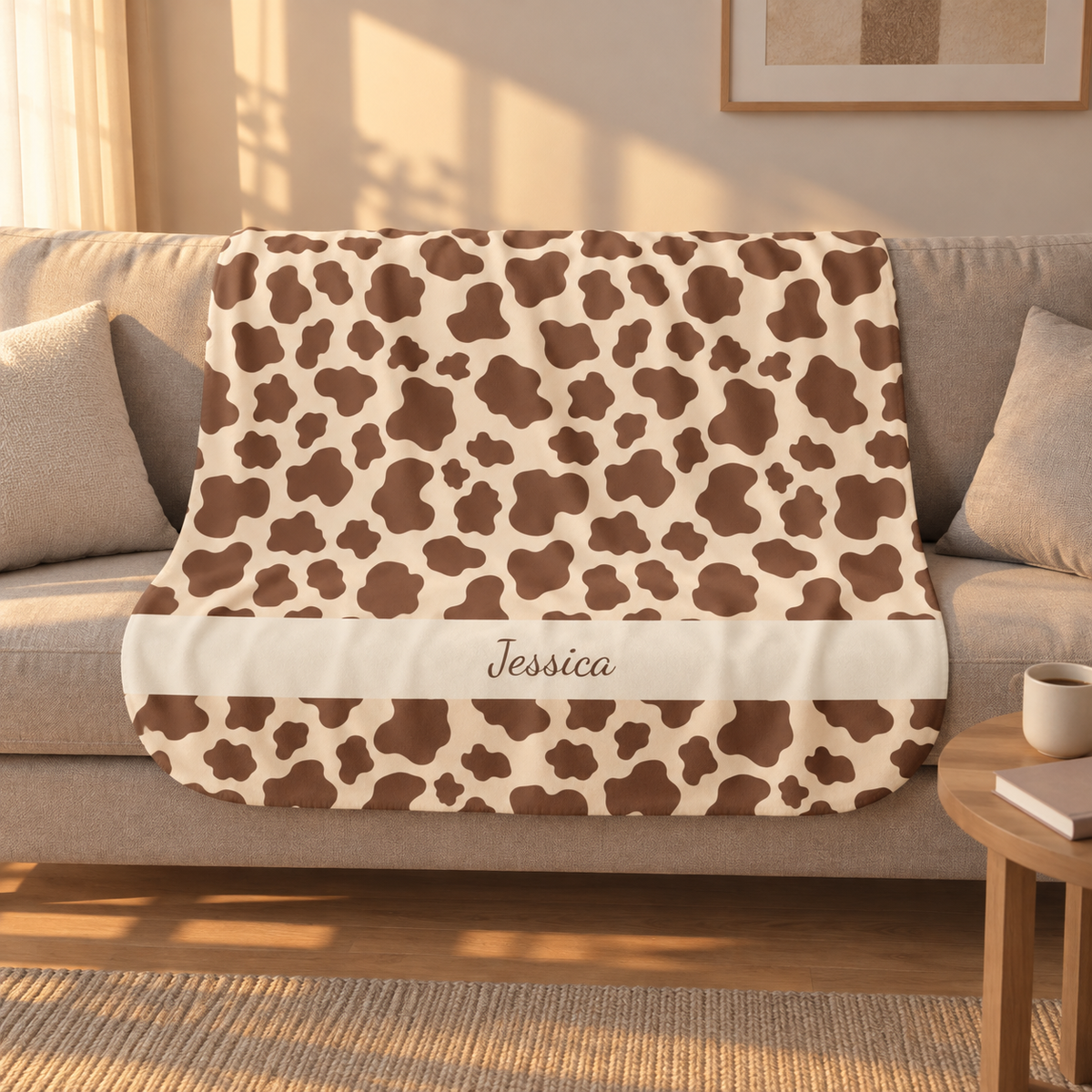 Personalized brown cow print sherpa blanket with name, draped over a couch