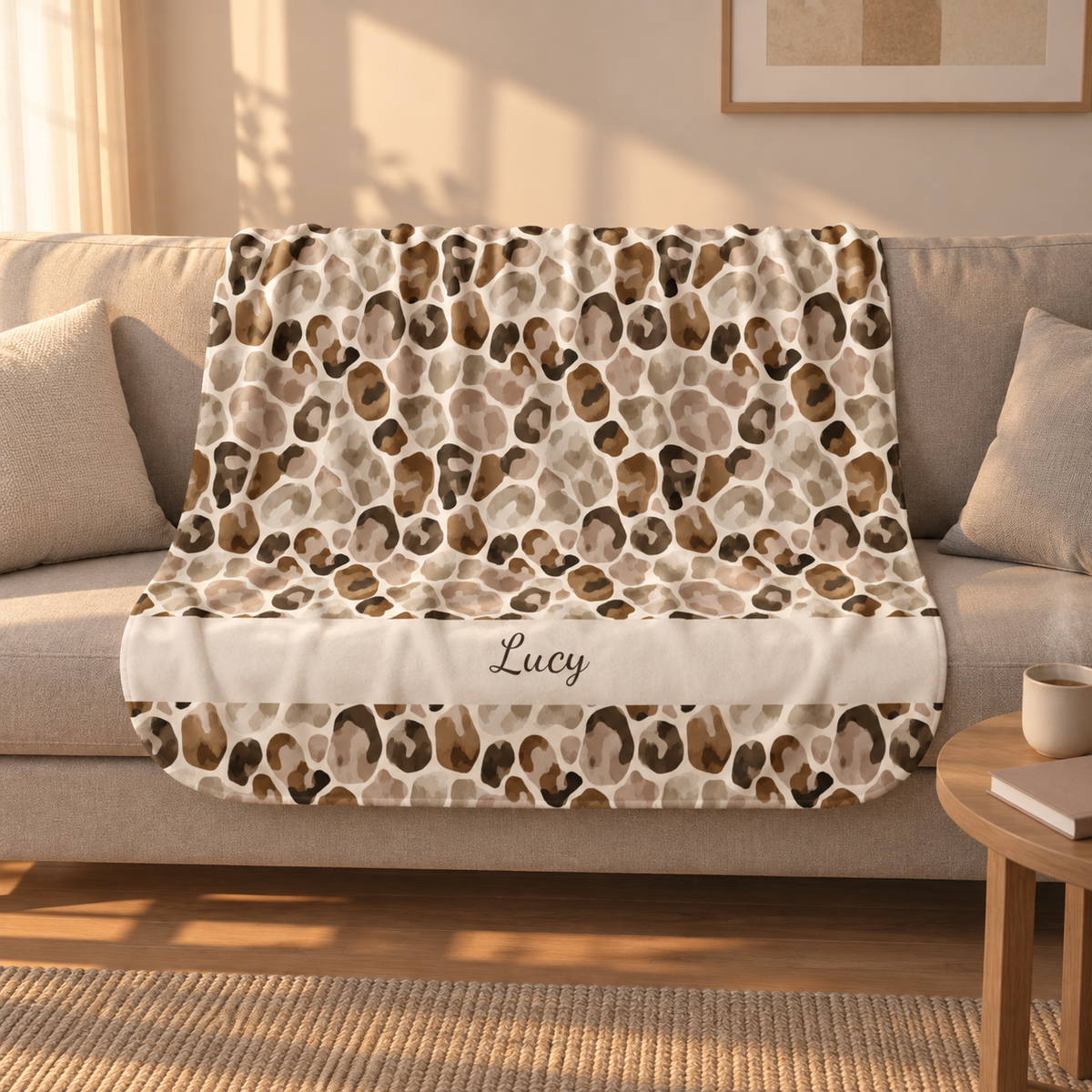 Personalized brown leopard print sherpa blanket with name, draped over a couch