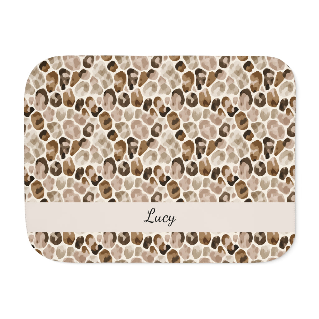 Personalized brown leopard print sherpa blanket with name, front view with name band
