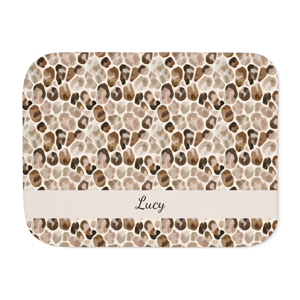 Personalized brown leopard print sherpa blanket with name, front view with name band