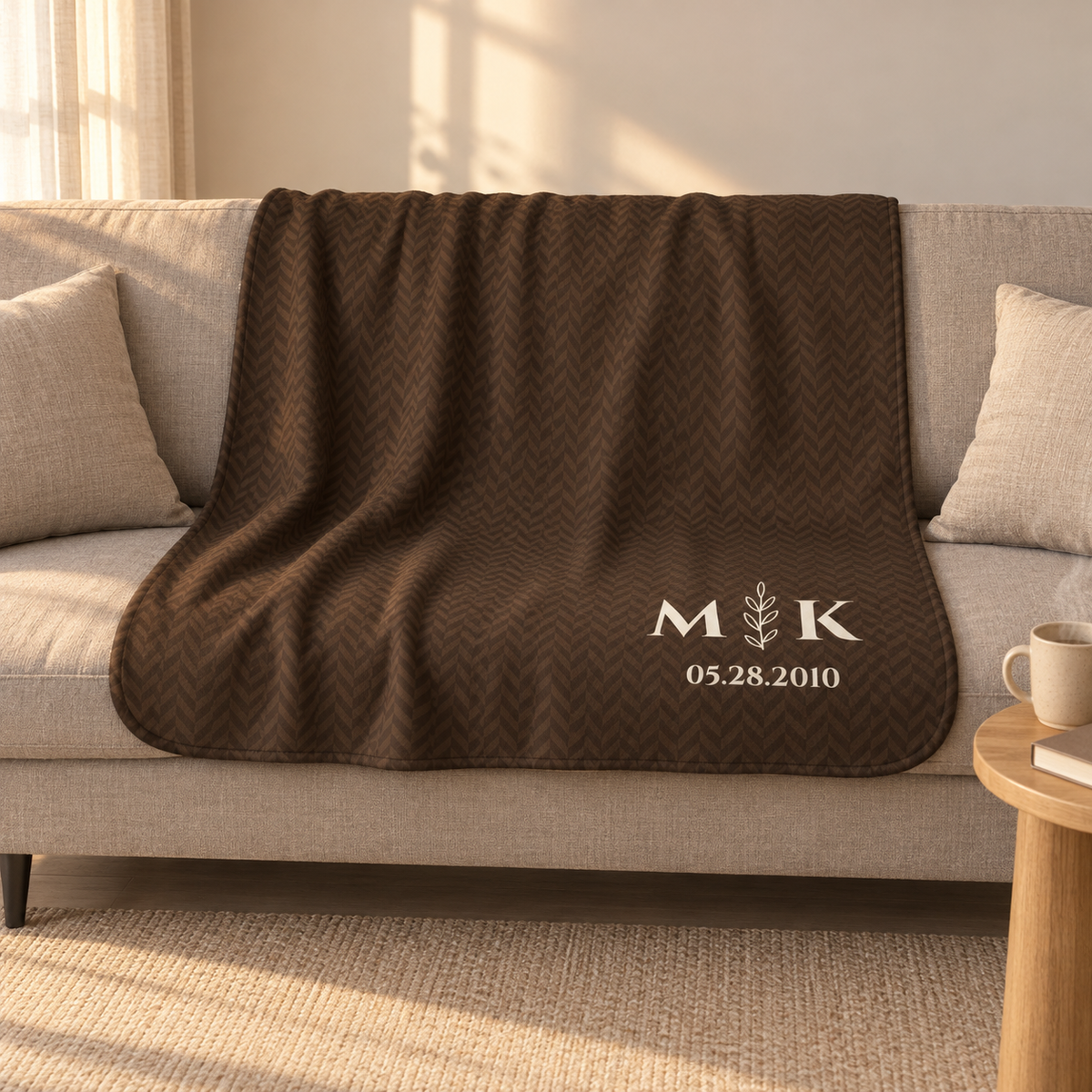 Personalized brown sherpa blanket with monogram, draped over a couch