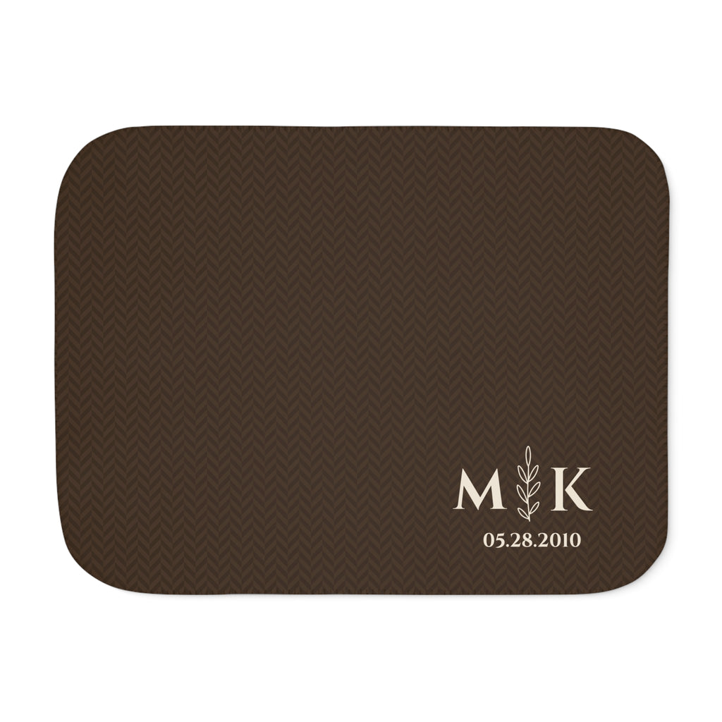 Personalized brown sherpa blanket with monogram, front view with monogram