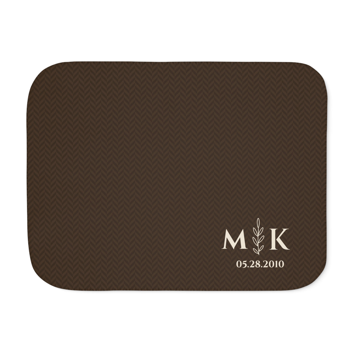 Personalized brown sherpa blanket with monogram, front view with monogram