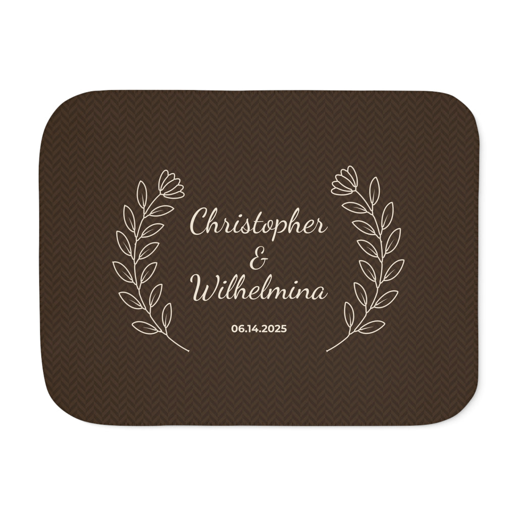 Personalized brown sherpa blanket with two names and a date, front view with two names and a date
