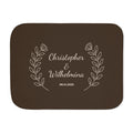 Personalized brown sherpa blanket with two names and a date, front view with two names and a date