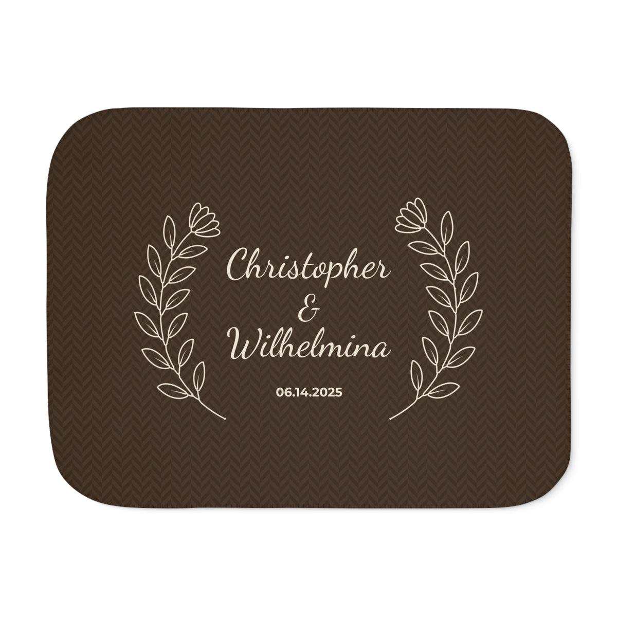 Personalized brown sherpa blanket with two names and a date, front view with two names and a date