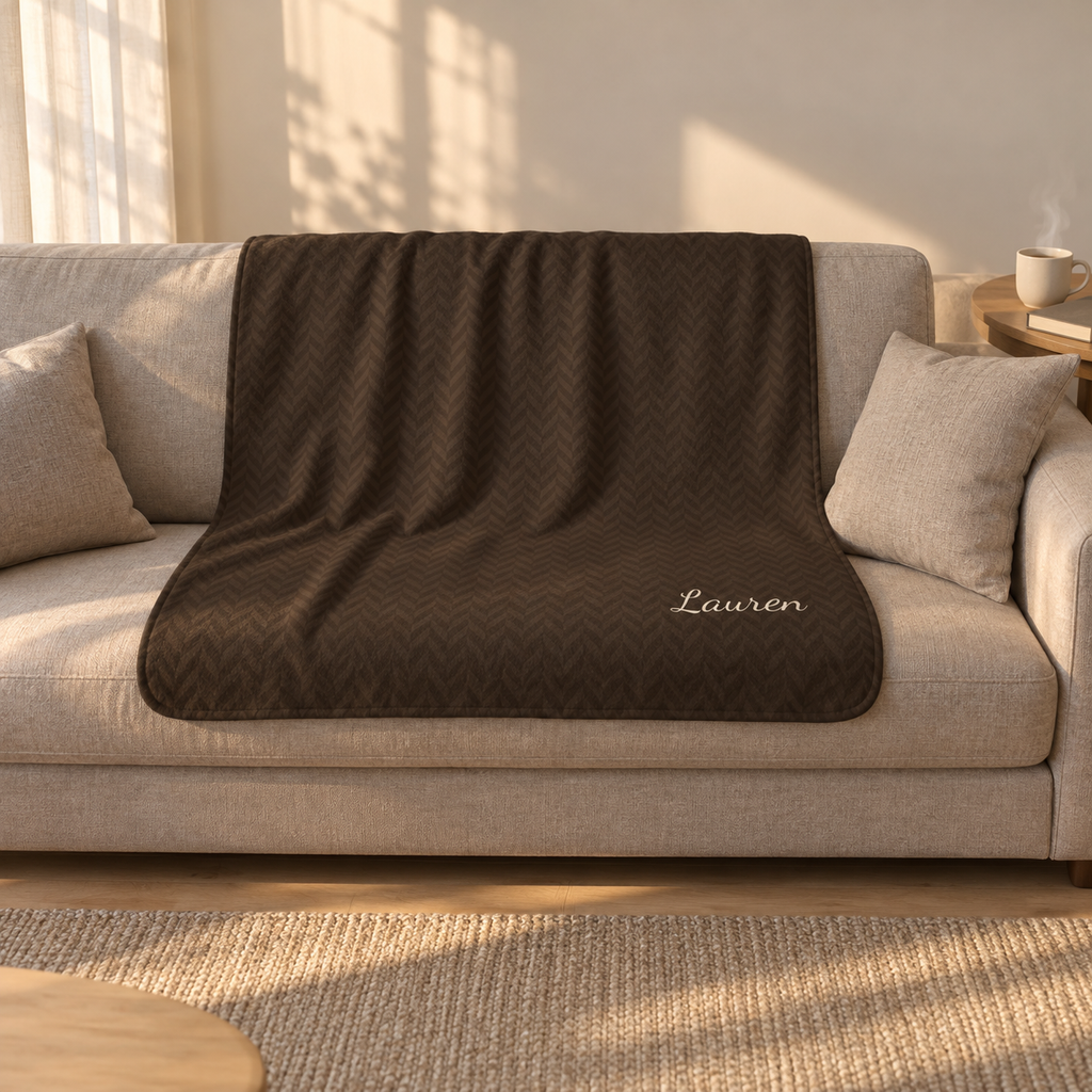 Personalized brown sherpa blanket with name, draped over a couch
