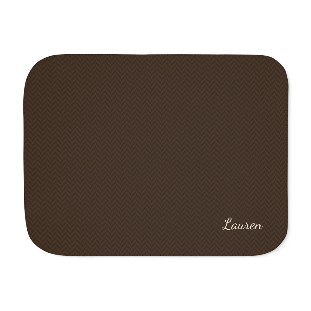 Personalized brown sherpa blanket with name, front view with name in the corner