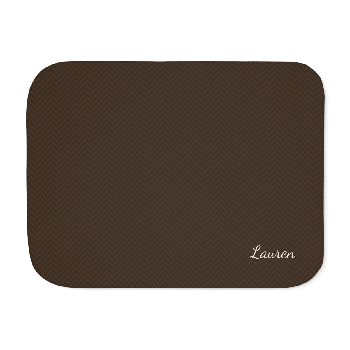 Personalized brown sherpa blanket with name, front view with name in the corner