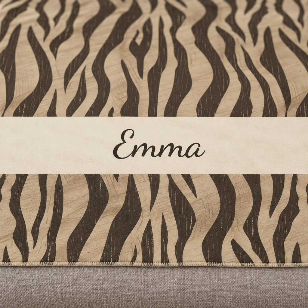 Personalized brown tiger stripe sherpa blanket with name, close-up of the name in script on the band