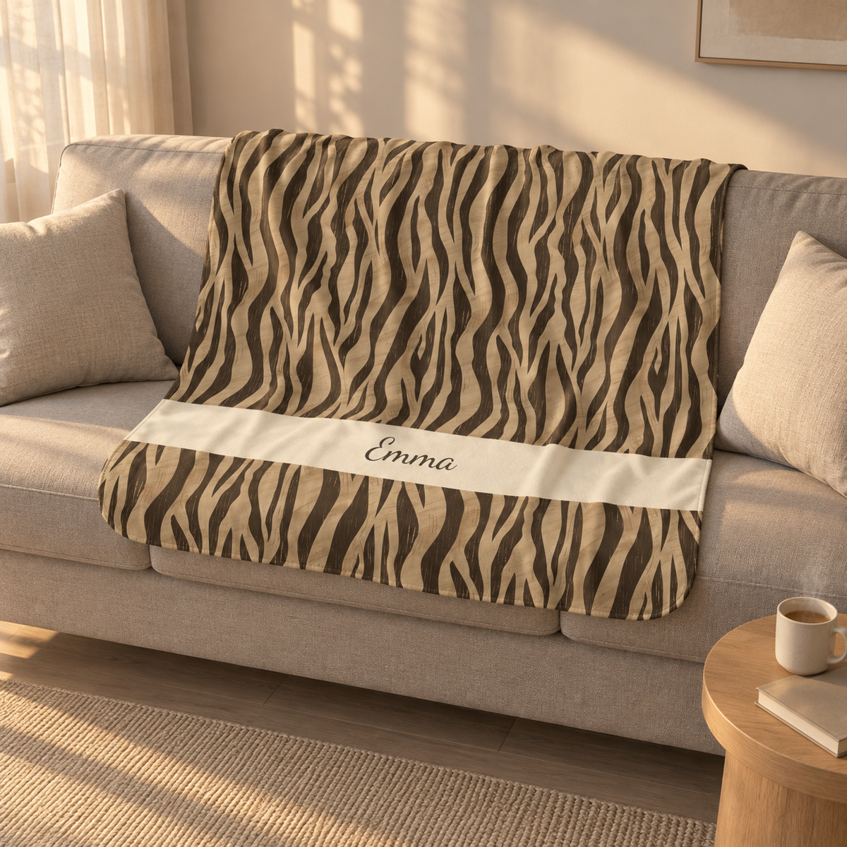 Personalized brown tiger stripe sherpa blanket with name, draped over a couch