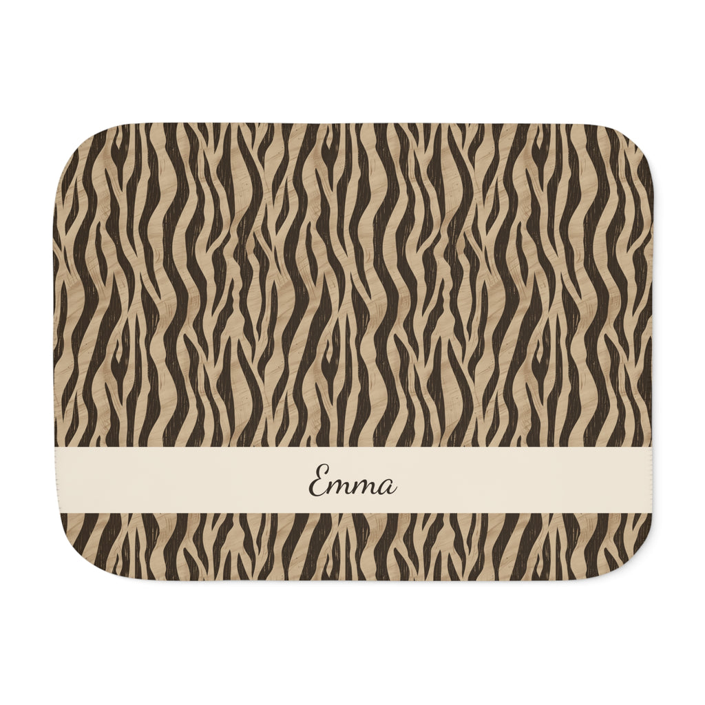 Personalized brown tiger stripe sherpa blanket with name, front view with name band
