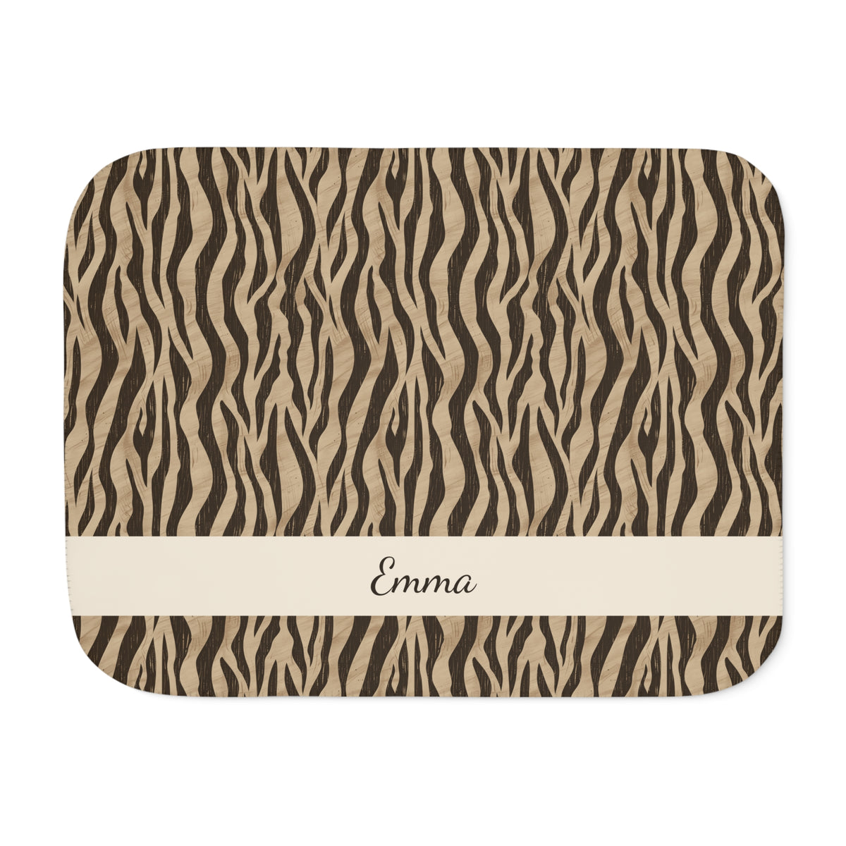 Personalized brown tiger stripe sherpa blanket with name, front view with name band