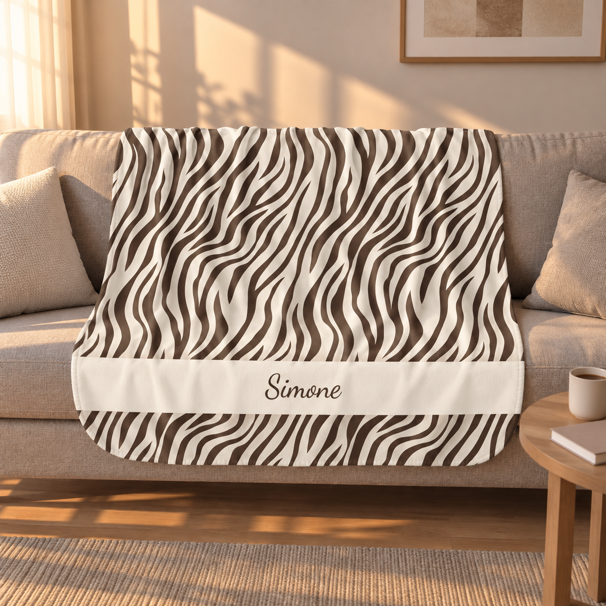 Personalized brown zebra print sherpa blanket with name, draped over a couch