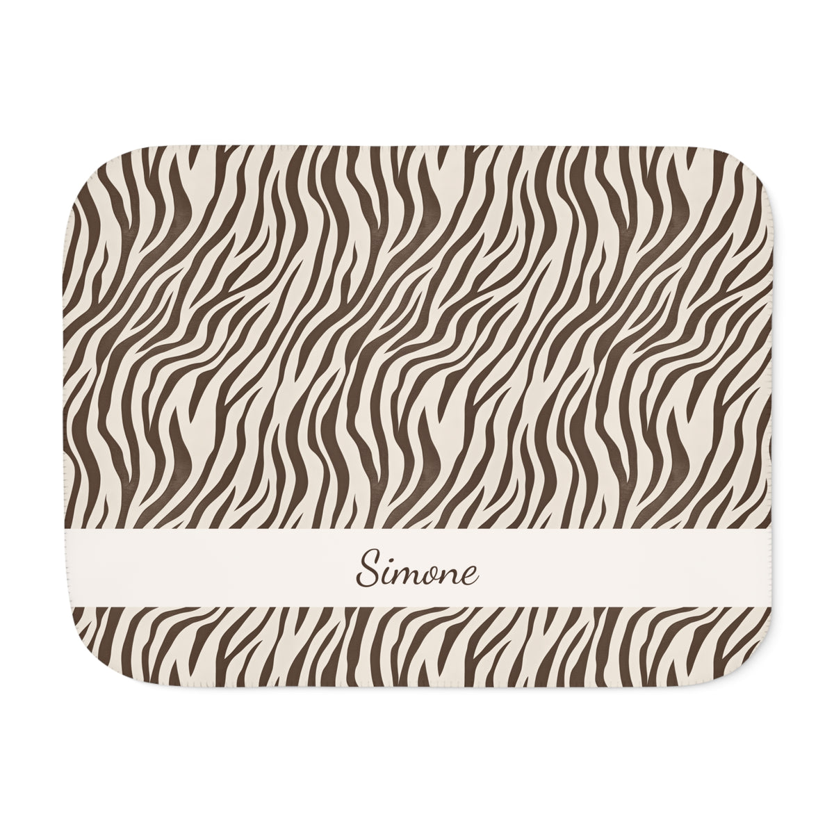Personalized brown zebra print sherpa blanket with name, front view with name band
