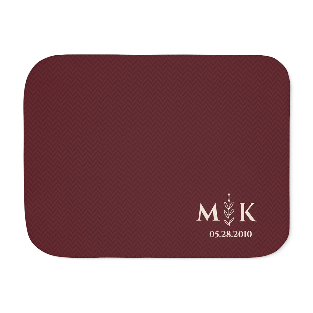 Personalized burgundy sherpa blanket with monogram, front view with monogram