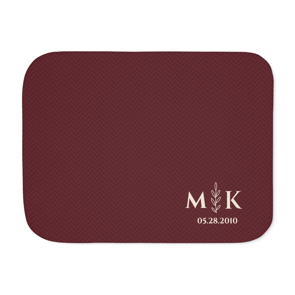 Personalized burgundy sherpa blanket with monogram, front view with monogram