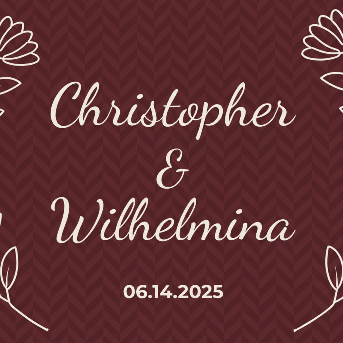 Personalized burgundy sherpa blanket with two names and a date, close-up of the two names and a date on the herringbone weave