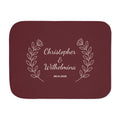Personalized burgundy sherpa blanket with two names and a date, front view with two names and a date