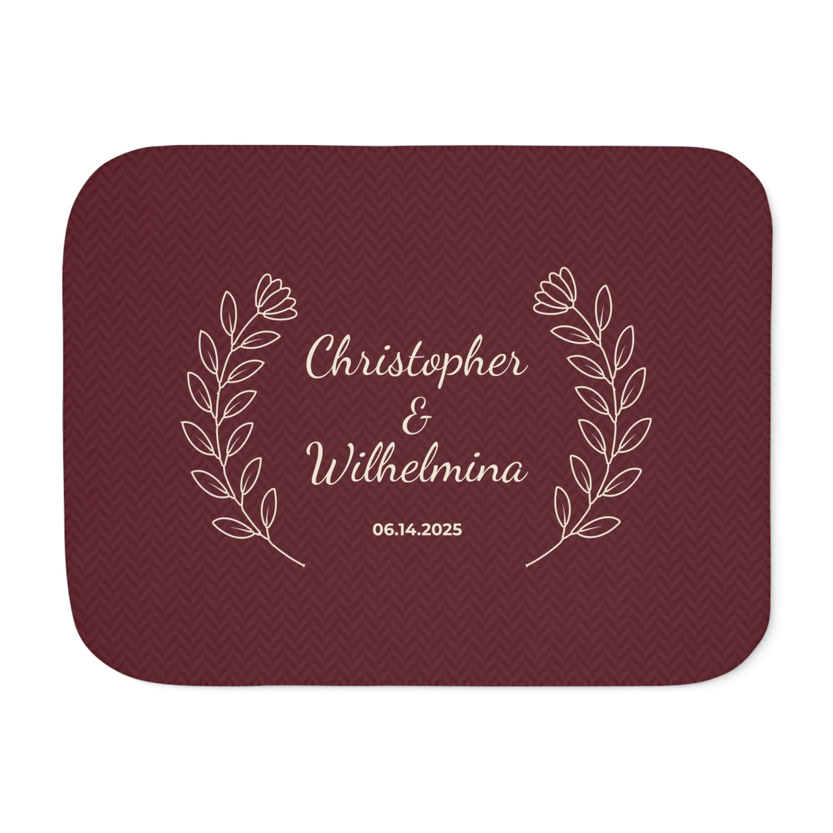 Personalized burgundy sherpa blanket with two names and a date, front view with two names and a date
