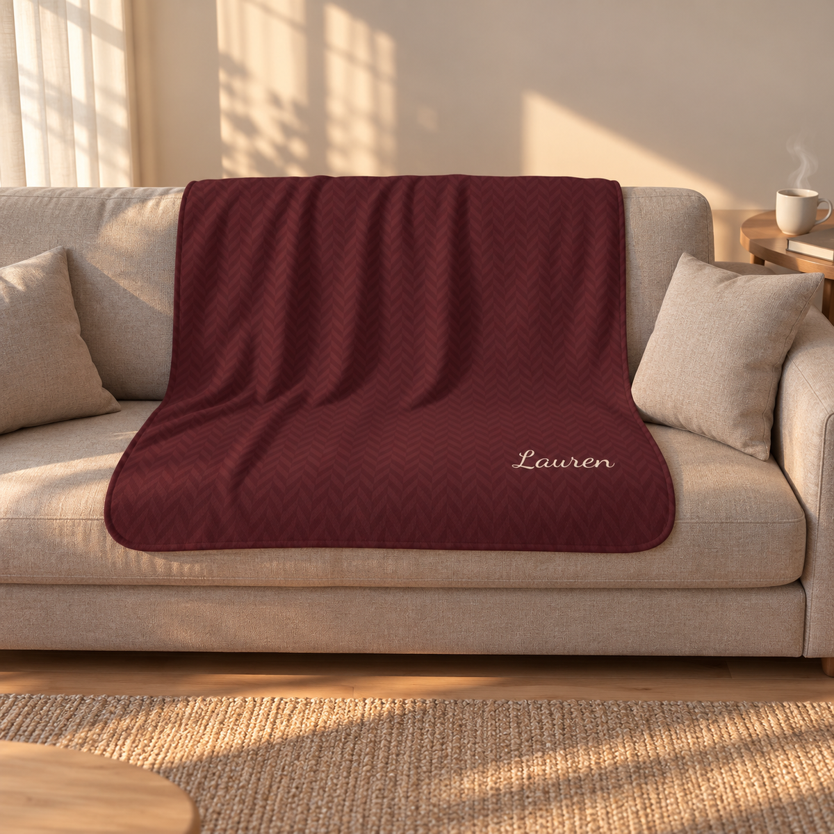 Personalized burgundy sherpa blanket with name, draped over a couch
