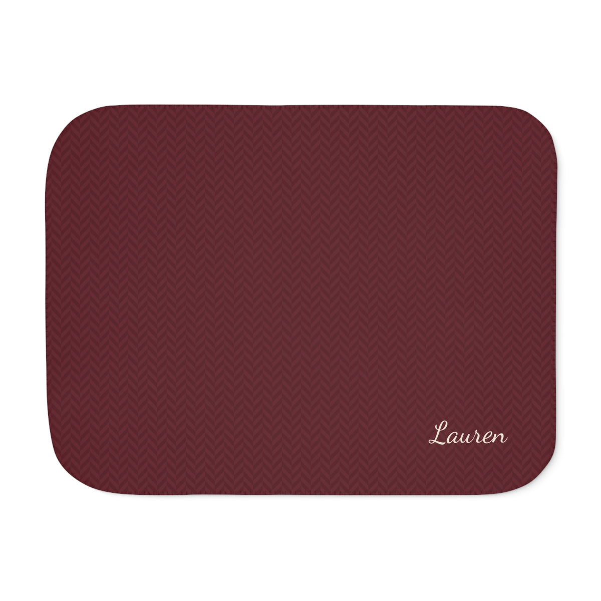 Personalized burgundy sherpa blanket with name, front view with name in the corner